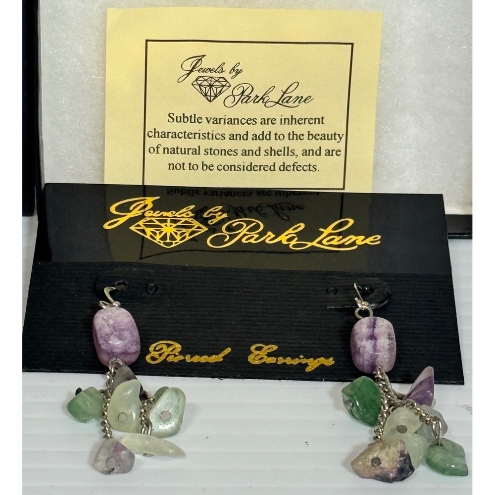 Jewels by Park Lane earrings womens natural stone chip purple green drop dangle
